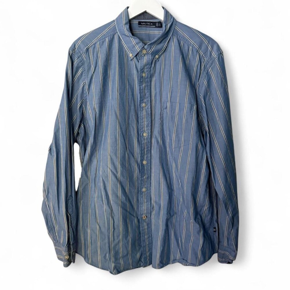 Nautica Blue and White Striped Long Sleeve Button Down Collared Dress Shirt